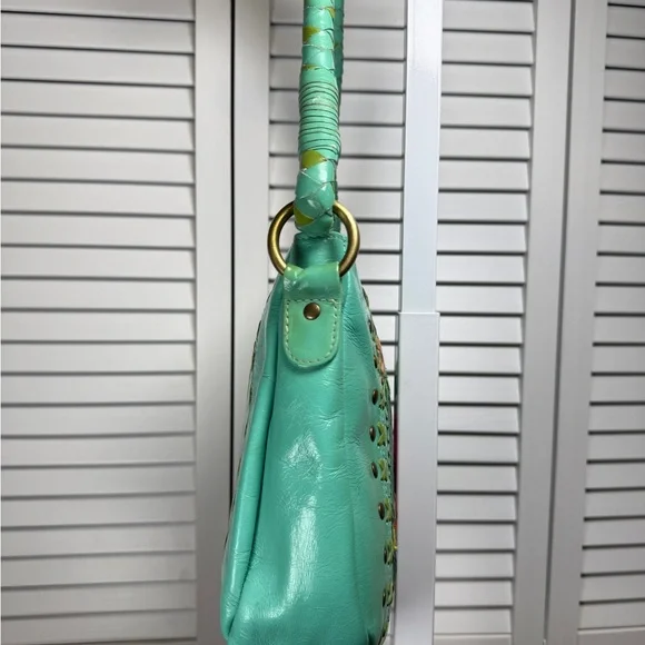Vintage Consuela Leather Shoulder Tote Bag Teal With Colorful Flower Embroidery - Picture 11 of 16